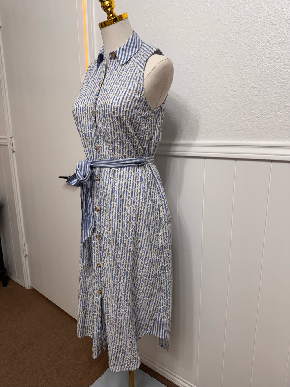 Anthropologie Sleeveless Light Blue Striped Button-Front Midi Dress - Picture 3 of 7